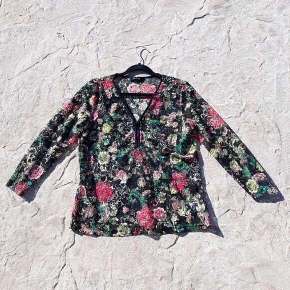 Julio Top Long Sleeve Pullover Net Mesh 3/4 Zip Pullover Lace Floral Print Sz 10 - Picture 13 of 13